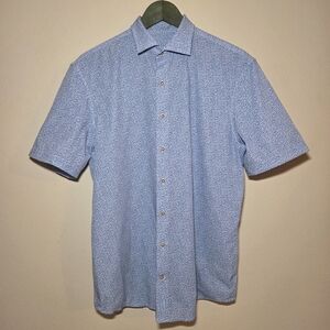Johnnie-O Hangin' Out Button Shirt Medium Blue Floral Nylon Spandex Short Sleeve